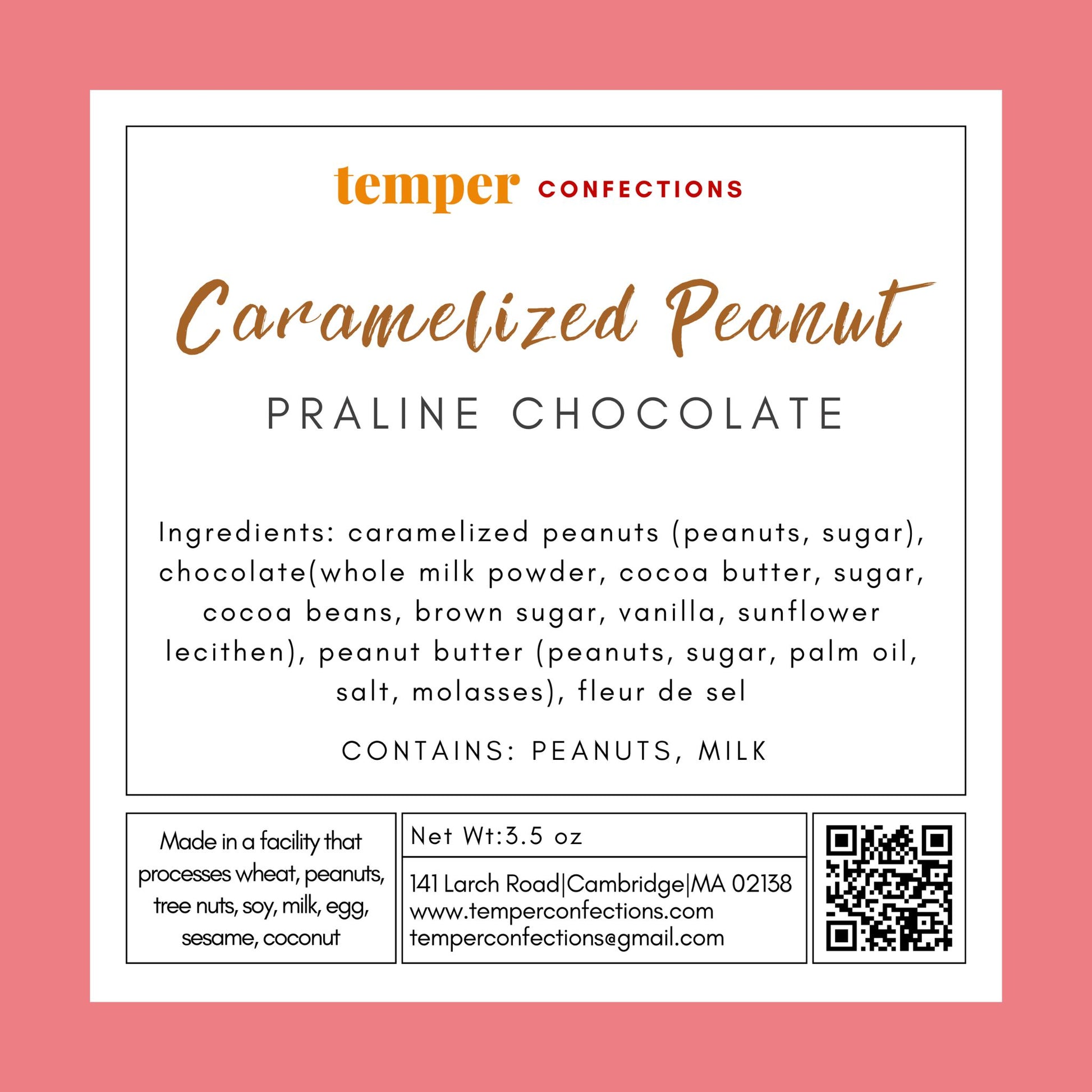 Ingredient label for the caramelized peanut praline chocolate